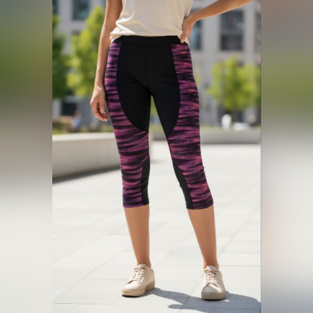 BCG Black and Purple Patterned Capri Leggings
